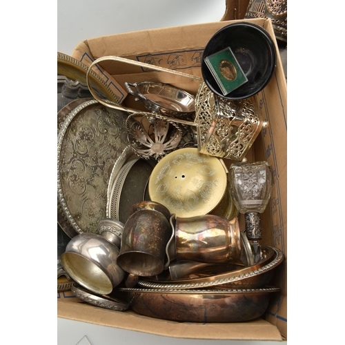 136 - A BOX OF ASSORTED WHITE METAL WARE, to include a selection of trays and serving dishes, a small cand... 