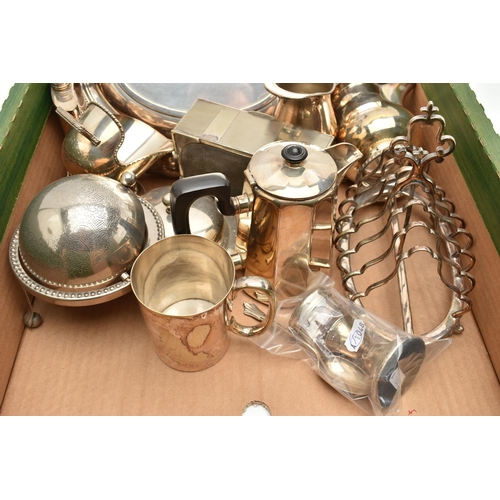 138 - A BOX OF ASSORTED SILVER AND WHITE METAL WARE, to include a single silver dwarf candlestick, hallmar... 