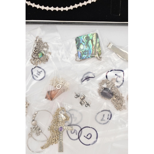 80 - A SELECTION OF SILVER AND WHITE METAL JEWELLERY, to include a diamond line bracelet, stamped total d... 