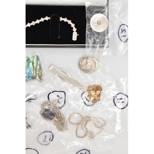 80 - A SELECTION OF SILVER AND WHITE METAL JEWELLERY, to include a diamond line bracelet, stamped total d... 