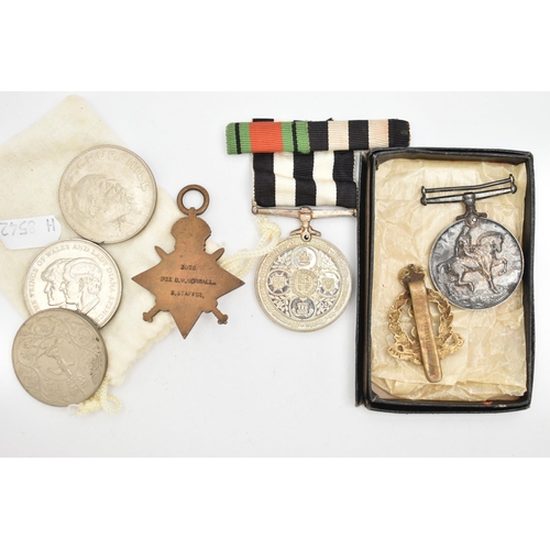 82 - A SMALL ASSORTMENT OF MEDALS AND COINS, to include a Victorian Order of St John medal and ribbon, tw... 