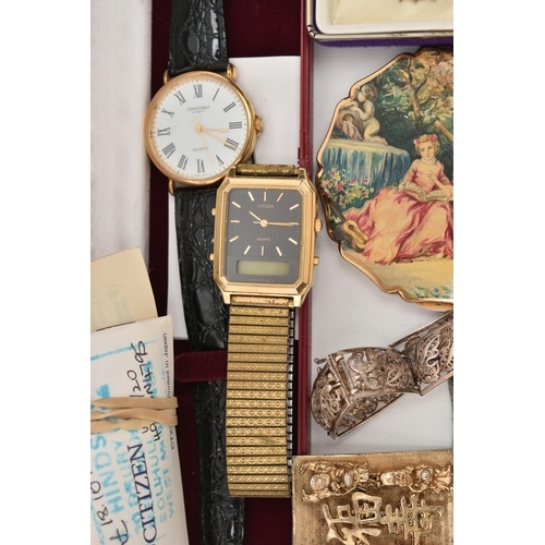 85 - AN ASSORTMENT OF JEWELLERY AND WATCHES, to include a silver filigree bracelet, hallmarked Birmingham... 