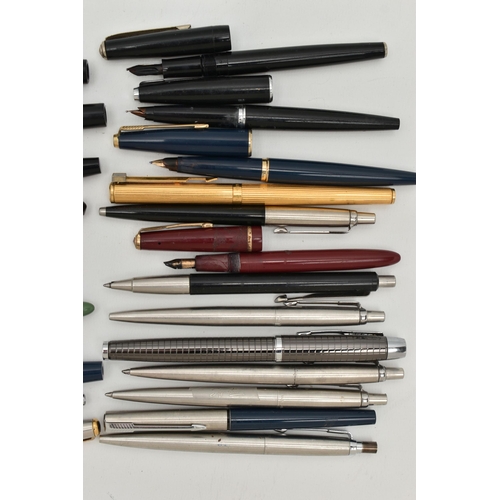 86 - A QUANTITY OF PENS, a variety of fountain and ball point pens, to include six Parker fountain pens o... 