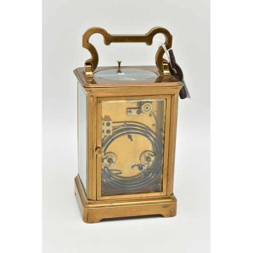 94 - A FRENCH BRASS REPEATER CARRIAGE CLOCK, white Roman numeral dial, blue steel hands, five glass viewi... 