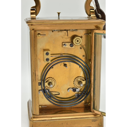 94 - A FRENCH BRASS REPEATER CARRIAGE CLOCK, white Roman numeral dial, blue steel hands, five glass viewi... 