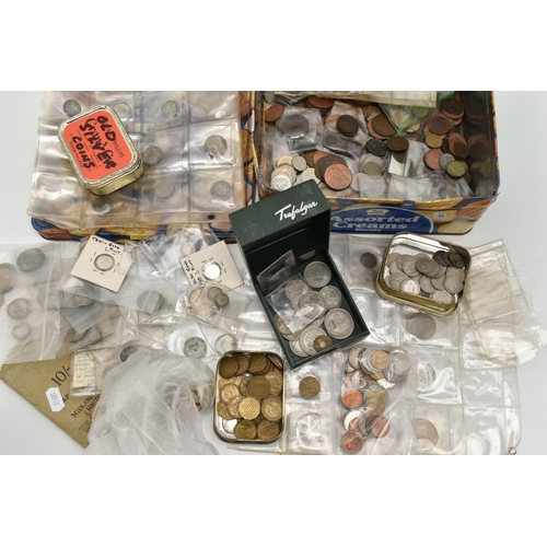 141 - A BISCUIT TIN CONTAINING MIXED COINAGE, to include lots of UK 19th and 20th century coinage, 1946, 1... 