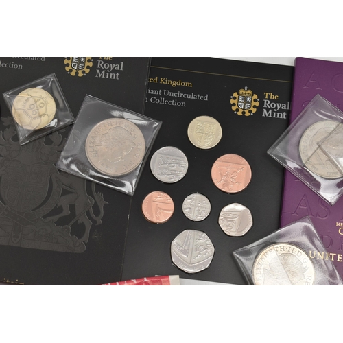 142 - A CARDBOARD BOX CONTAINING A FEW ROYAL MINT COINS, to include 10x £5 coins, carded Two Pounds pair 1... 