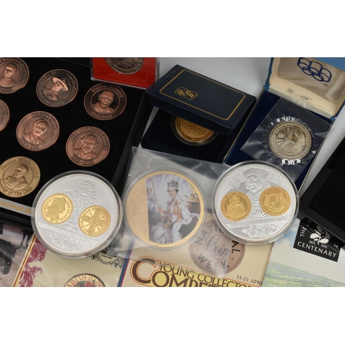 143 - A PLASTIC TUB OF MAINLY COMMEMORATIVE COINAGE, to include several large 110 gram pictorial commemora... 