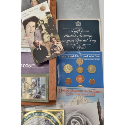 145 - A CARDBOARD BOX OF MAINLY ROYAL MINT UK COINAGE, to include The Last Proof coin set of 1970, Royal m... 