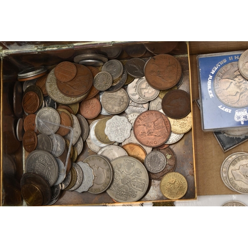 149 - A CARDBOARD BOX OF MIXED COINS AND MEDALS, to include The Rosenhan Bronze Medal For Physical Metallu... 