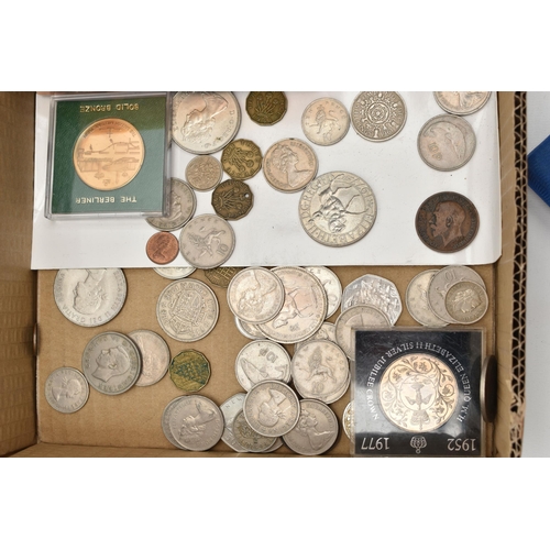 149 - A CARDBOARD BOX OF MIXED COINS AND MEDALS, to include The Rosenhan Bronze Medal For Physical Metallu... 