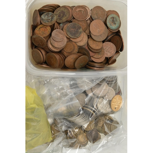 150 - A PLASTIC TUB OF MAINLY 20TH CENTURY COINAGE, brass 3d coins, CU Florins, Decimal 10p Penny, Halfpen... 