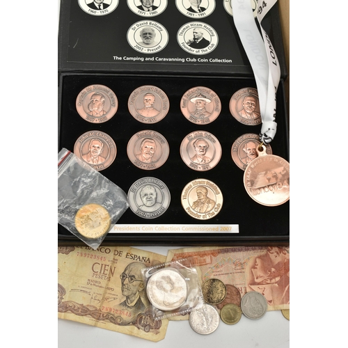 151 - A SMALL CARDBOARD BOX WITH A CAMPING PRESIDENTS COIN COLLECTION, a Royal Mint 2002 Manchester common... 