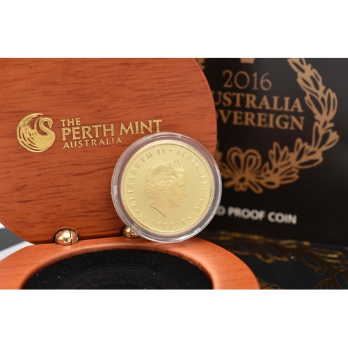 154 - THE PERTH MINT AUSTRALIA 2016 GOLD PROOF SOVEREIGN ($25) COIN, .916.7 fine, 7.988 gram, 22.6mm, 1,50... 