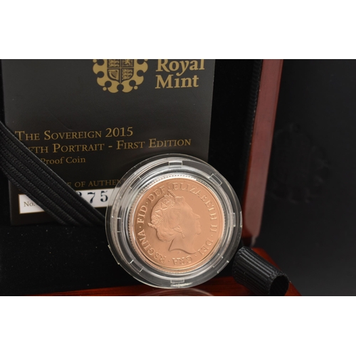 156 - A BOXED ROYAL MINT FULL GOLD PROOF SOVEREIGN COIN 2015, fifth portrait first edition number 6375 of ... 