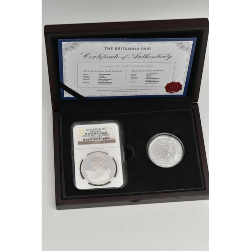 159 - A BOXED PAIR OF .999 SILVER BRITANNIA COINS, to include a slabbed 2015 PF70 ULTRA CAMEO 2015 £2 (one... 