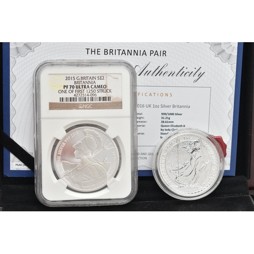 159 - A BOXED PAIR OF .999 SILVER BRITANNIA COINS, to include a slabbed 2015 PF70 ULTRA CAMEO 2015 £2 (one... 