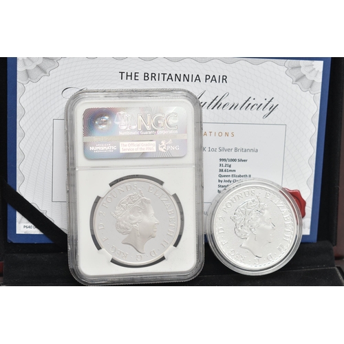 159 - A BOXED PAIR OF .999 SILVER BRITANNIA COINS, to include a slabbed 2015 PF70 ULTRA CAMEO 2015 £2 (one... 