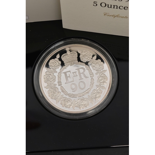 160 - A ROYAL MINT .999 SILVER PROOF FIVE OUNCE COIN, for Her Majesties 90th Birthday 156.295 gram, Royal ... 