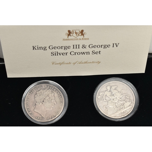 162 - A BOXED SILVER COIN GROUP, to include King George III and  IV silver crown pair in worn circulated c... 