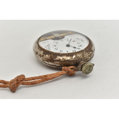 164 - AN EIGHT DAY OPEN FACE POCKET WATCH, hand wound movement, round dial with floral detail, Arabic nume... 