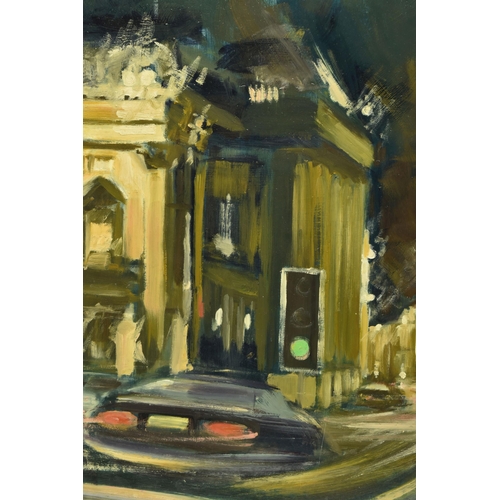 302 - PETER COLLINS (BRITISH 1938-) 'VIEW OF THEATRE ROYAL AT NIGHT', a view from inside a car of the thea... 