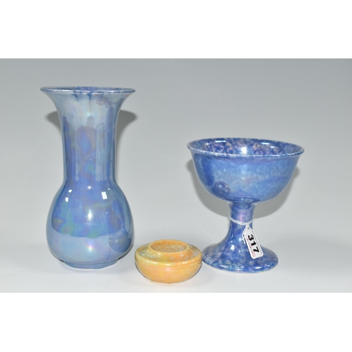 317 - THREE PIECES OF LUSTRE GLAZED RUSKIN POTTERY, comprising a yellow glazed stamp wetter, impressed 'Ru... 