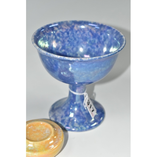 317 - THREE PIECES OF LUSTRE GLAZED RUSKIN POTTERY, comprising a yellow glazed stamp wetter, impressed 'Ru... 