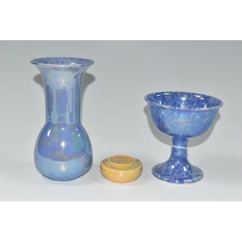 317 - THREE PIECES OF LUSTRE GLAZED RUSKIN POTTERY, comprising a yellow glazed stamp wetter, impressed 'Ru... 