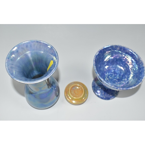 317 - THREE PIECES OF LUSTRE GLAZED RUSKIN POTTERY, comprising a yellow glazed stamp wetter, impressed 'Ru... 