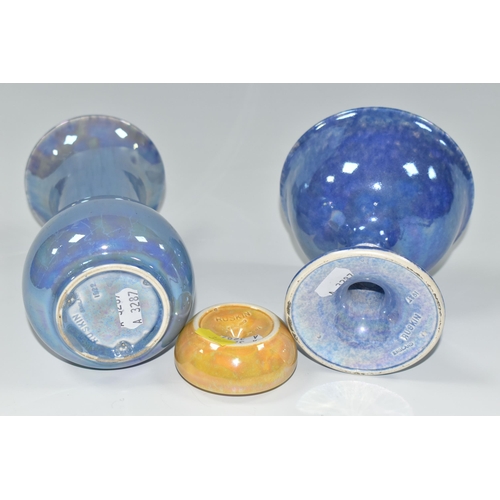 317 - THREE PIECES OF LUSTRE GLAZED RUSKIN POTTERY, comprising a yellow glazed stamp wetter, impressed 'Ru... 