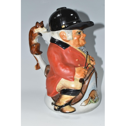 318 - A COVERED HUNTSMAN TOBY JUG, depicting huntsman in the saddle, below which a fox is painted, the han... 