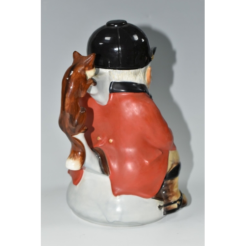 318 - A COVERED HUNTSMAN TOBY JUG, depicting huntsman in the saddle, below which a fox is painted, the han... 