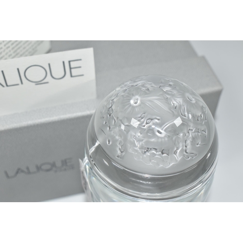 319 - A BOXED LALIQUE 'BUCOLIQUE' 2006 TALL PERFUME BOTTLE, the clear body having internal stopper, the co... 