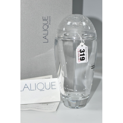 319 - A BOXED LALIQUE 'BUCOLIQUE' 2006 TALL PERFUME BOTTLE, the clear body having internal stopper, the co... 