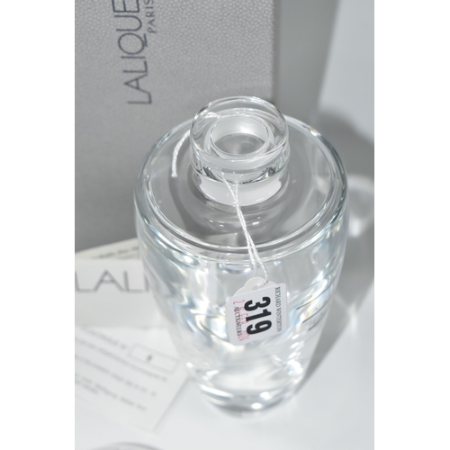 319 - A BOXED LALIQUE 'BUCOLIQUE' 2006 TALL PERFUME BOTTLE, the clear body having internal stopper, the co... 