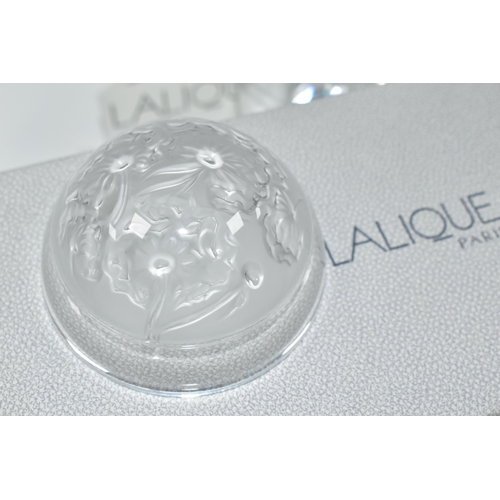 319 - A BOXED LALIQUE 'BUCOLIQUE' 2006 TALL PERFUME BOTTLE, the clear body having internal stopper, the co... 