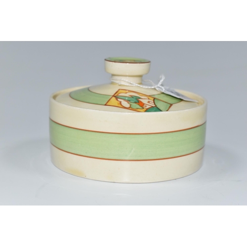 326 - A CLARICE CLIFF BIZARRE 'STROUD' PATTERN PRESERVE POT, decorated with pale green bands, the cover an... 