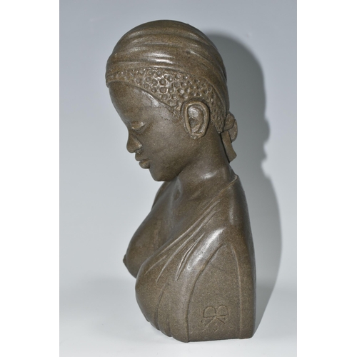 328 - A RESIN FEMALE BUST, of possibly an African lady wearing a headscarf and loose fitting outfit, signe... 