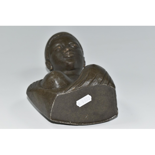 328 - A RESIN FEMALE BUST, of possibly an African lady wearing a headscarf and loose fitting outfit, signe... 