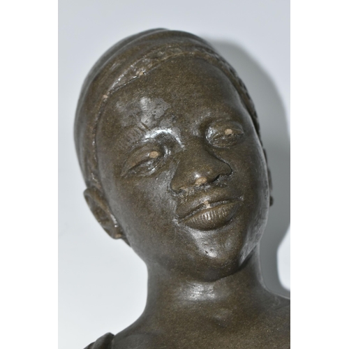 328 - A RESIN FEMALE BUST, of possibly an African lady wearing a headscarf and loose fitting outfit, signe... 