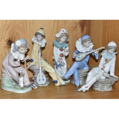 329 - FIVE NAO PIERROT/CLOWN FIGURES, comprising A Bird in Hand, Pierrot Boy with Mandolin, Love Letter, S... 