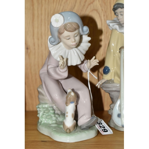 329 - FIVE NAO PIERROT/CLOWN FIGURES, comprising A Bird in Hand, Pierrot Boy with Mandolin, Love Letter, S... 