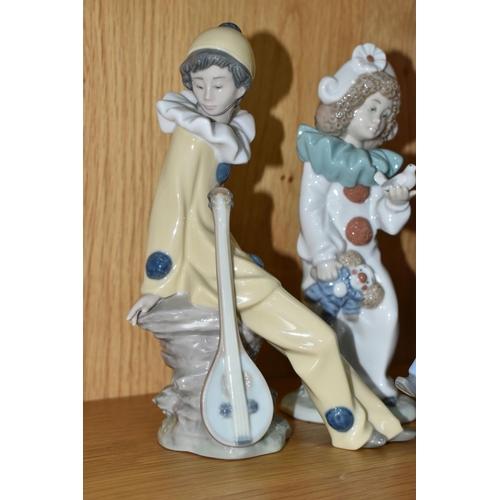 329 - FIVE NAO PIERROT/CLOWN FIGURES, comprising A Bird in Hand, Pierrot Boy with Mandolin, Love Letter, S... 