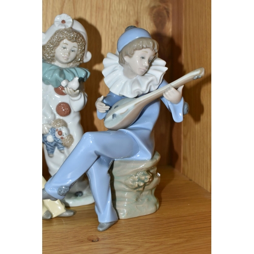 329 - FIVE NAO PIERROT/CLOWN FIGURES, comprising A Bird in Hand, Pierrot Boy with Mandolin, Love Letter, S... 