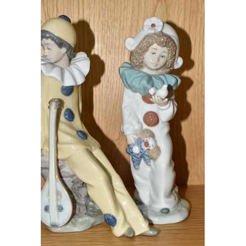 329 - FIVE NAO PIERROT/CLOWN FIGURES, comprising A Bird in Hand, Pierrot Boy with Mandolin, Love Letter, S... 