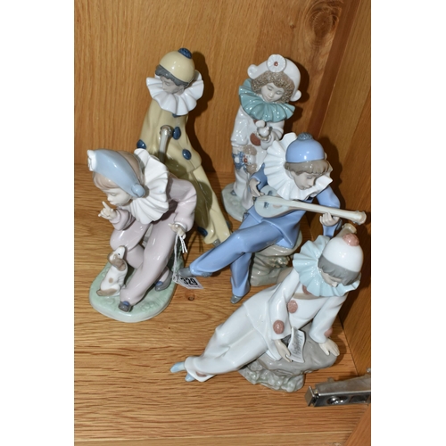 329 - FIVE NAO PIERROT/CLOWN FIGURES, comprising A Bird in Hand, Pierrot Boy with Mandolin, Love Letter, S... 