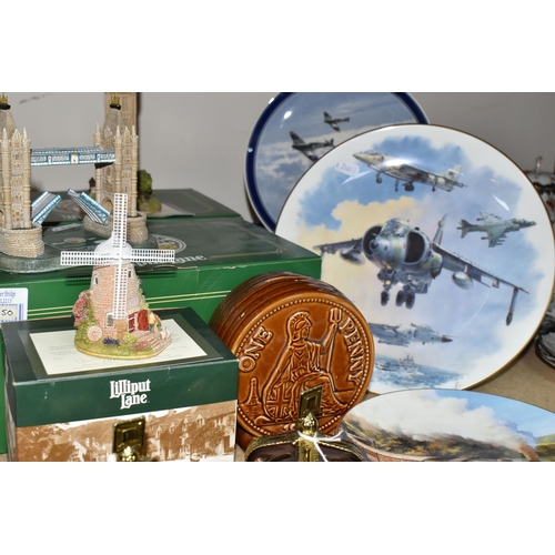 337 - THREE BOXED LILLIPUT LANE SCULPTURES AND A GROUP OF CABINET PLATES, comprising 'The Old Windmill' L2... 