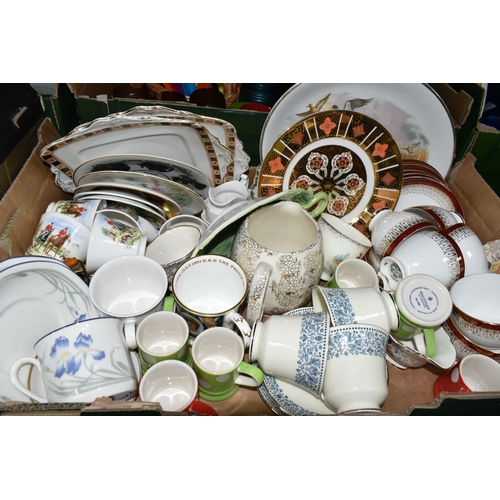 339 - FIVE BOXES OF CERAMICS, to include a metal camping dinner set of plates, dishes, teapot and six mugs... 