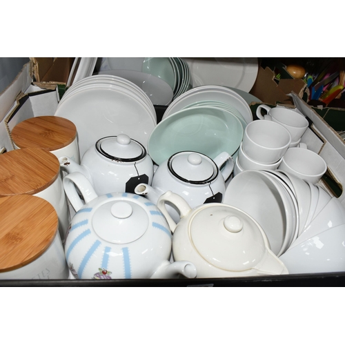 339 - FIVE BOXES OF CERAMICS, to include a metal camping dinner set of plates, dishes, teapot and six mugs... 